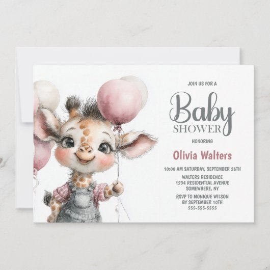 Girl Giraffe Baby Shower Invitation Kaart (Voorkant)