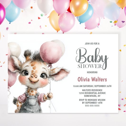 Girl Giraffe Baby Shower Invitation Kaart