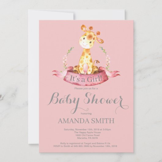 Girl Giraffe Baby shower Invitation Pink and Grey Kaart (Voorkant)