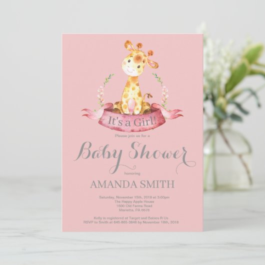 Girl Giraffe Baby shower Invitation Pink and Grey Kaart (Staand voorkant)