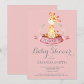 Girl Giraffe Baby shower Invitation Pink and Grey Kaart (Voorkant / Achterkant)
