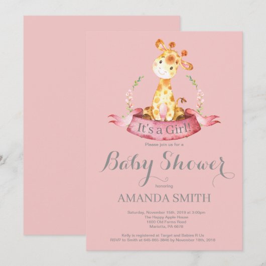 Girl Giraffe Baby shower Invitation Pink and Grey Kaart (Voorkant / Achterkant)