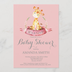 Girl Giraffe Baby shower Invitation Pink and Grey Kaart