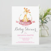 Girl Giraffe Baby shower Invitation Pink and Grey Kaart (Staand voorkant)