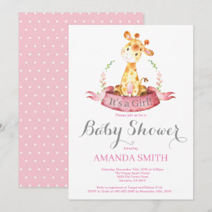 Girl Giraffe Baby shower Invitation Pink and Grey Kaart
