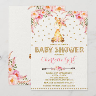 Girl Giraffe Baby shower Pink Floral Tribal Invite Kaart
