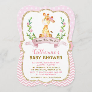 Girl Giraffe Baby shower Pink & Gold Invitation Kaart