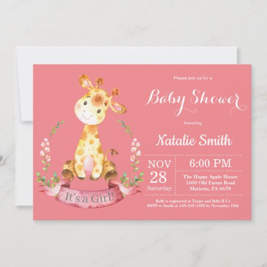 Girl Giraffe Baby shower Uitnodiging (Voorkant)