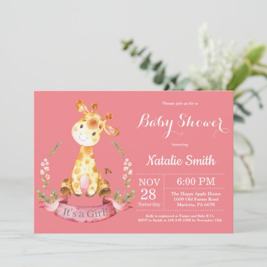 Girl Giraffe Baby shower Uitnodiging (Staand voorkant)