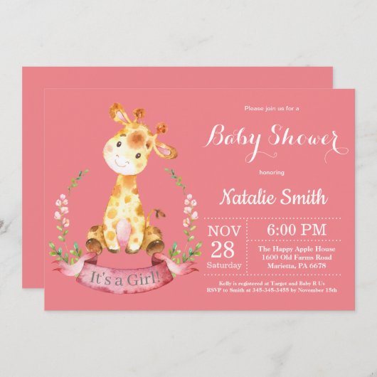 Girl Giraffe Baby shower Uitnodiging (Voorkant / Achterkant)