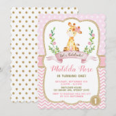 Girl Giraffe Birthday Pink Gold Oerwoud Uitnodigin Kaart (Voorkant / Achterkant)