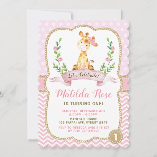 Girl Giraffe Birthday Pink Gold Oerwoud Uitnodigin Kaart (Voorkant)