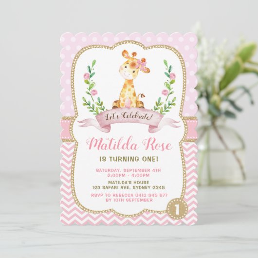 Girl Giraffe Birthday Pink Gold Oerwoud Uitnodigin Kaart (Staand voorkant)