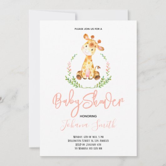 Girl Giraffe Safari Baby shower Uitnodiging (Voorkant)