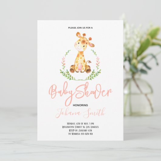 Girl Giraffe Safari Baby shower Uitnodiging (Staand voorkant)