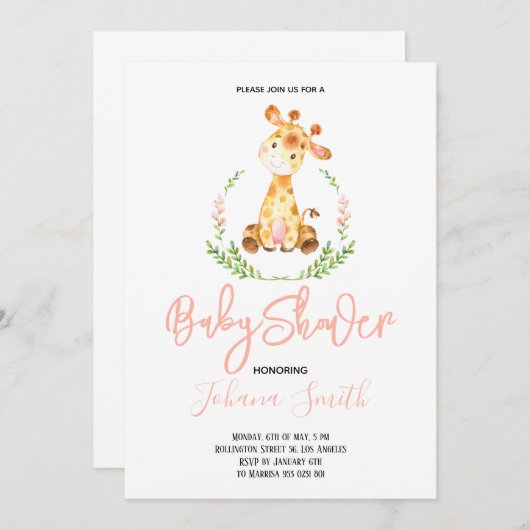 Girl Giraffe Safari Baby shower Uitnodiging (Voorkant / Achterkant)