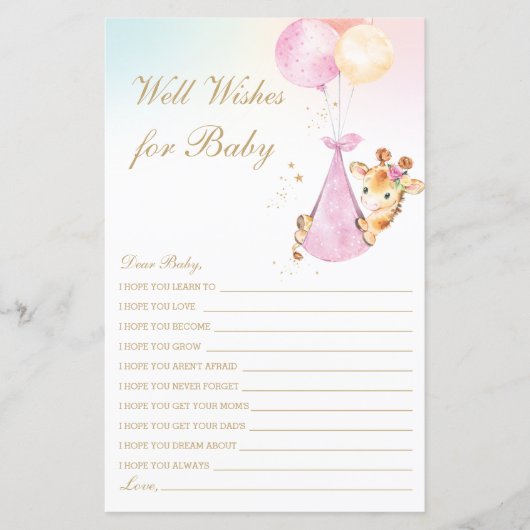 Girl Giraffe Well Wishes for Baby shower Activity (Voorkant)