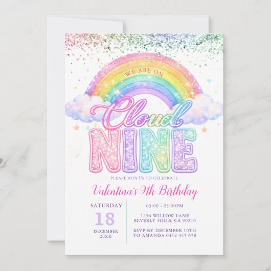 Girl Glitter Rainbow Pastel Cloud Nine Birthday Kaart (Voorkant)