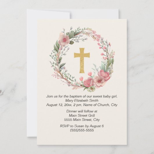 Girl Gold Cross Pink Floral Religieuze Baptisme Kaart (Voorkant)