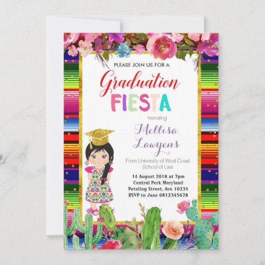 Girl Graduation Party Fiesta Invitation Kaart (Voorkant)
