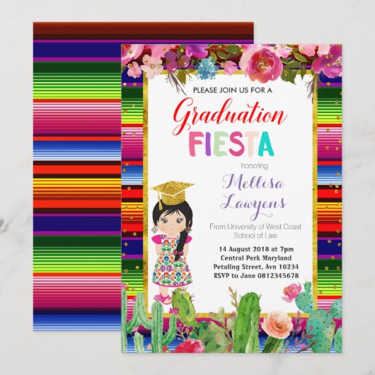 Girl Graduation Party Fiesta Invitation Kaart (Voorkant / Achterkant)
