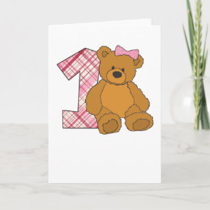 Girl Happy 1st Birthday Bear with 1 and Pink Bow Kaart