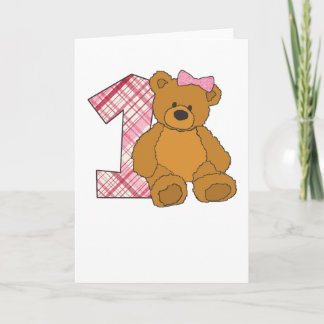 Girl Happy 1st Birthday Bear with 1 and Pink Bow Kaart