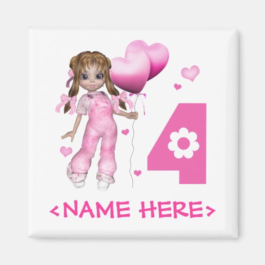 Girl Hearts 4th Birthday Magneet (Voorkant)