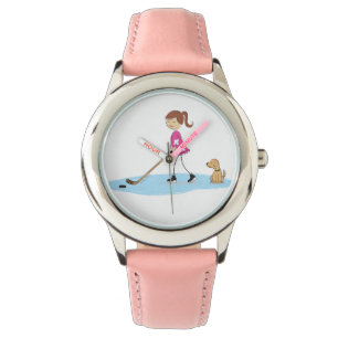 Girl Hockey Cartoon Pink Horloge