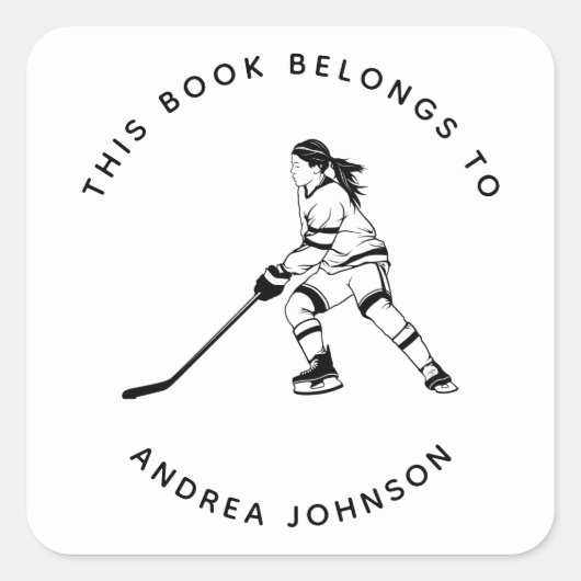 Girl Hockey Player Silhouette Kind School Bookplaa Vierkante Sticker (Voorkant)