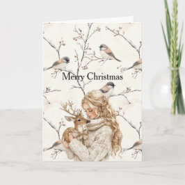 Girl Holding Deer Birds Tree Cream Christmas Kaart