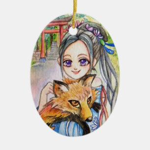 Girl Holding Fox Keramisch Ornament