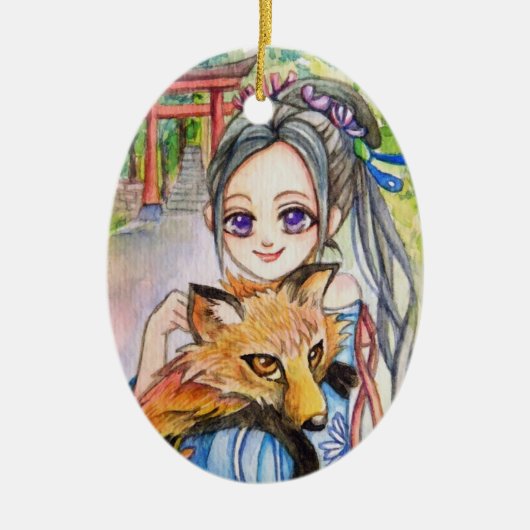 Girl Holding Fox Keramisch Ornament (Voorkant)
