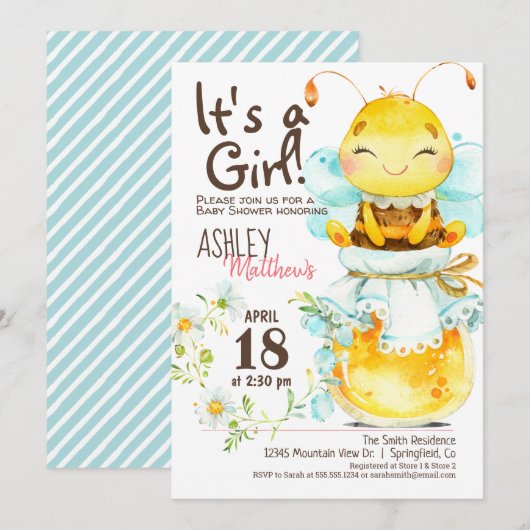 Girl Honey Bee Baby shower Invitation Kaart (Voorkant / Achterkant)