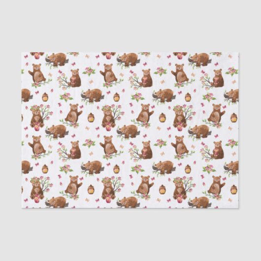 Girl Honey Beren Pattern - Roze Brown White Tissue Tissuepapier (Voorkant)