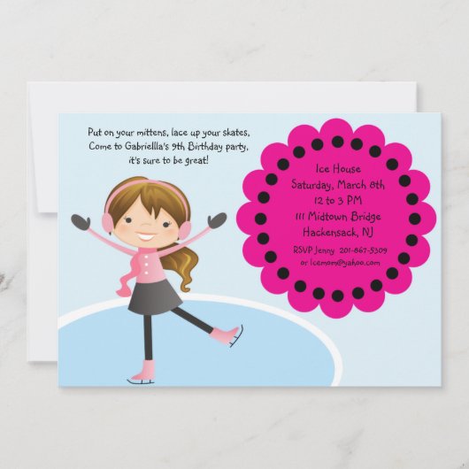 Girl Ice Skating Hot Pink Birthday Uitnodiging (Voorkant)