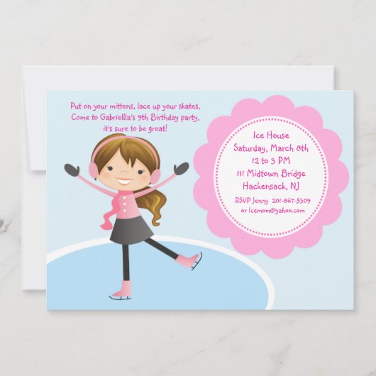 Girl Ice Skating Pink Birthday Invitation Kaart (Voorkant)