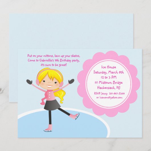 Girl Ice Skating Pink Birthday Invitation Kaart (Voorkant / Achterkant)
