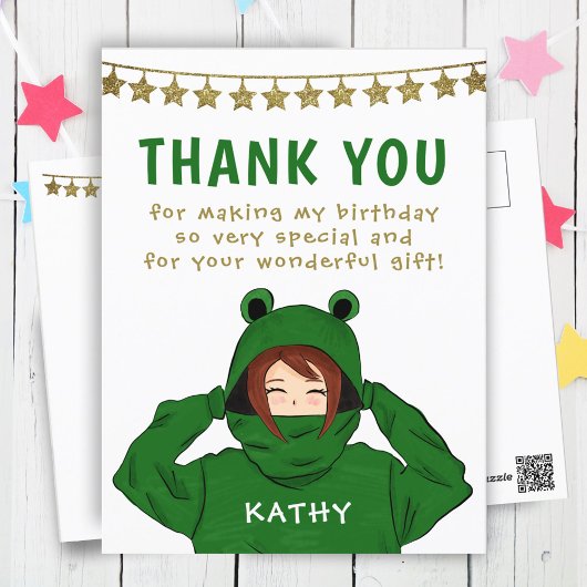 Girl in Green Frog Hoody Stars Birthday Dank je Briefkaart
