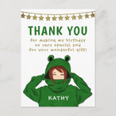 Girl in Green Frog Hoody Stars Birthday Dank je Briefkaart (Voorkant)