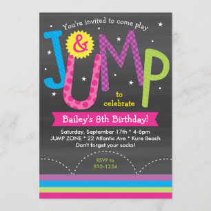 Girl Jump Birthday Party Chalkboard Pink Paars Kaart