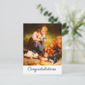 Girl Kittens en Retriever Dog Drink melk Briefkaart (Staand voorkant)
