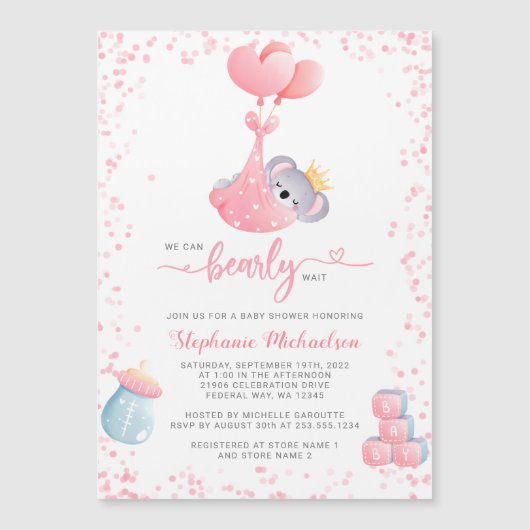Girl Koala Beer Baby shower Invitation Magnet (Voorkant)