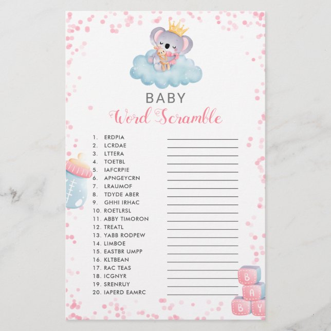 Girl Koala Beer Baby Word Scramble Shower Game (Voorkant)