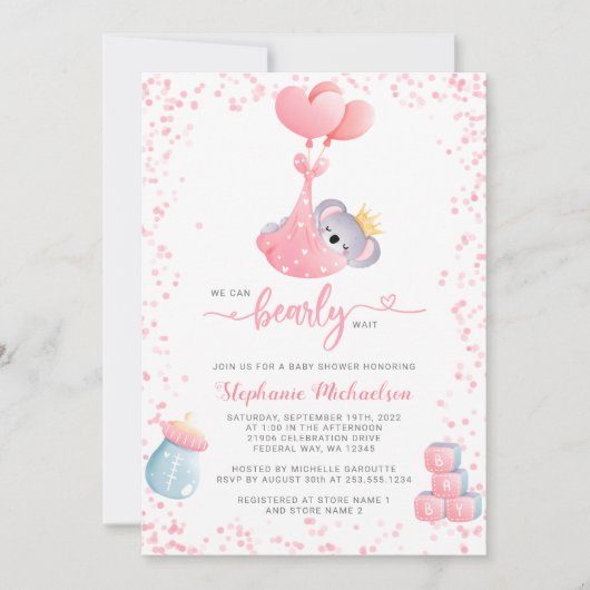 Girl Koala Beer met Baby shower voor het aanvragen Kaart (Voorkant)