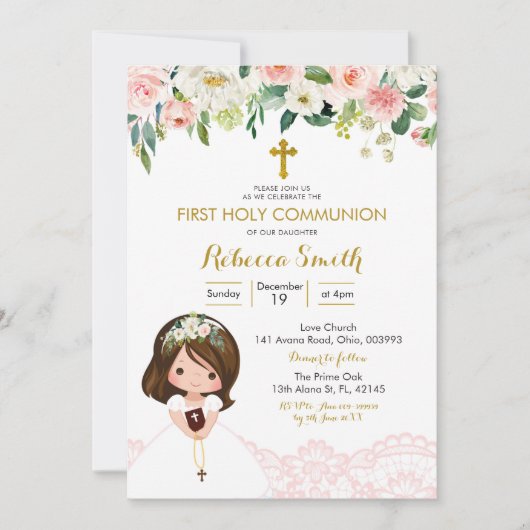Girl Lace Floral Pink First Community Invitation Kaart (Voorkant)