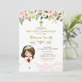 Girl Lace Floral Pink First Community Invitation Kaart (Staand voorkant)