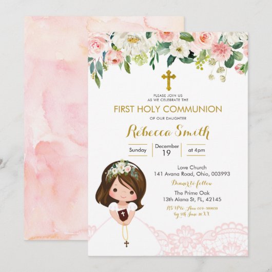 Girl Lace Floral Pink First Community Invitation Kaart (Voorkant / Achterkant)