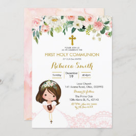 Girl Lace Floral Pink First Community Invitation Kaart