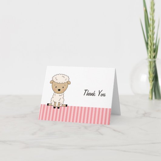 Girl Lamb Baby shower Pink Stripe Hartelijk dank Bedankkaart (Voorkant)